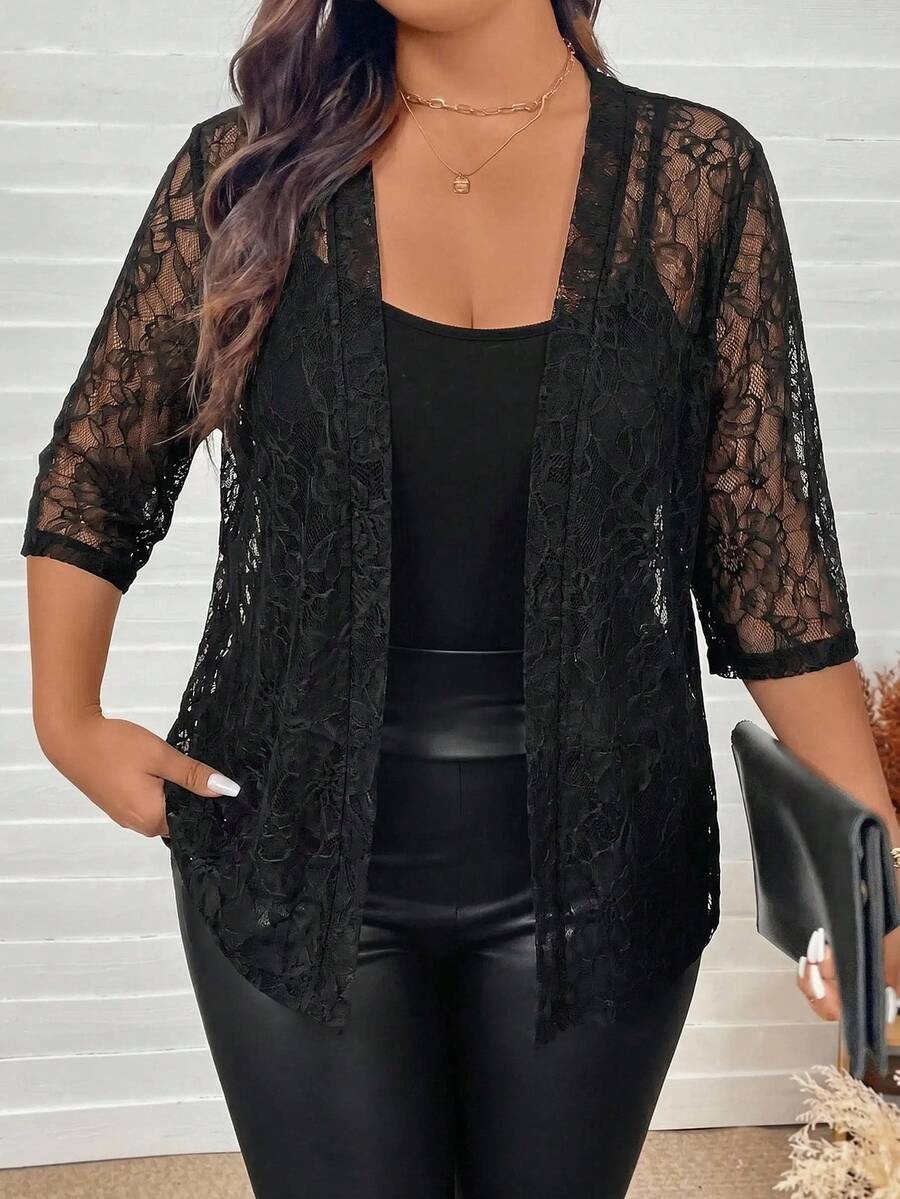 Comfylo Plus Size Women's Lace Half Sleeve Cardigan Fall - Black - View 1