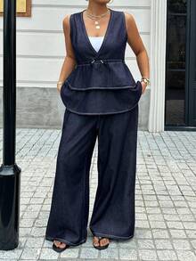 Dazy Plus Women's Sleeveless Tank Top Layered Ruffle Hem Elastic Waist Wide Leg Pants Denim Set Urban Casual Outerwear Spring Summer Date Night Navy Blue - Dark Wash - View 4