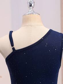 Tween Girls Elegant Back To School Casual Solid Color Asymmetrical Neck One-Shoulder Slim Fit Top - Navy Blue - View 4