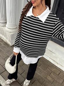 SHEIN Maternity Collared White Pattern Casual Soft Form 1960s Normal Loose Sweatshirt Autumn Outfit For Women Winter Gender Reveal Formal Homewear Office - Black - View 7
