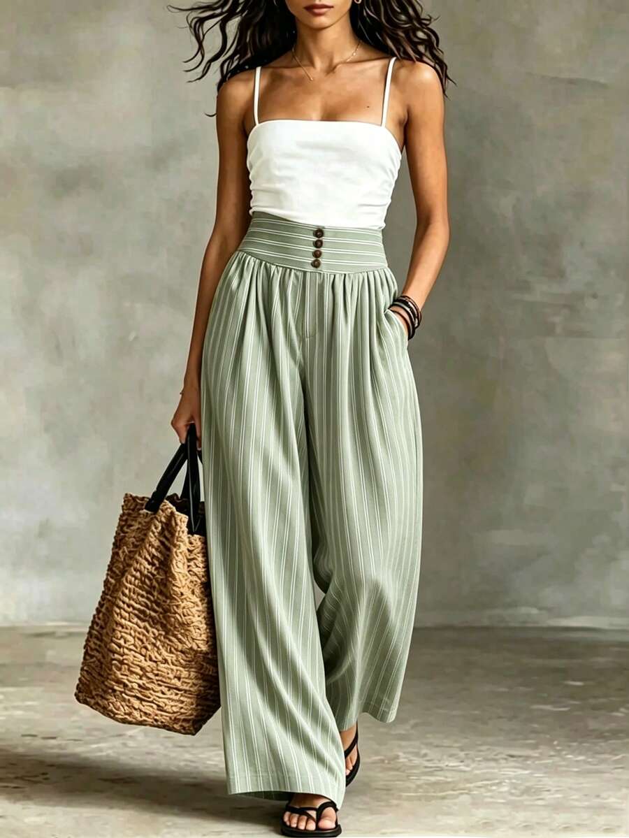 SHEIN Holidaya Light Green & White Vertical Striped High-Waist Wide Leg Pants, Button-Detail Waistband Casual Trousers - Green - View 1