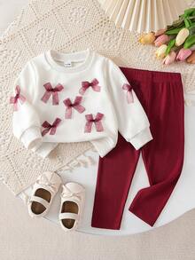 SHEIN Playful Pals 女嬰春秋時尚可愛紅色蝴蝶結圓領長袖衛衣與內搭褲2件套，適合家庭穿搭、1歲生日、婚禮派對及各種場合 - 酒紅色 - 查看 4