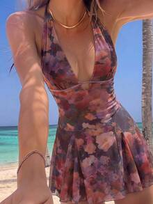 SHEIN MOD Vintage tropisches sexy bedrucktes Neckholder-Mini-Kleid mit Cut-out und Schleife, dunkelbraun, für Sommer, Herbst, Strandurlaub, Nachtausgang, Party, Country-Konzert, Blumenmuster - Verschiedenfarbig - Übersicht 9