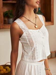 Lullawish Böhmischer lässiger bequemer Damen-Pyjama-Set mit Cut-out-Jacquard-Strickstoff, Patchwork, charmantem Spitzenbesatz und Perlmuttknöpfen - Weiss - Übersicht 3