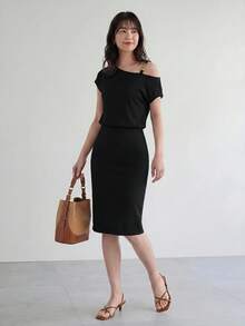 SHEIN LUNE 素色不對稱領緊身連衣裙 - 黑色 - 查看 2