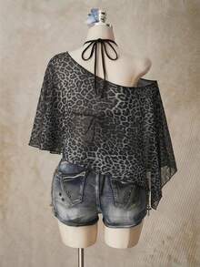 SHEIN ICON Casual Minimalist Leopard Print Pattern Plus Size Mesh Top For Women, Suitable For Summer - Multicolor - View 2