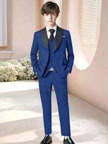 SHEIN 三件套青少年男童绅士套装 - 休闲西装外套+马甲+长裤，优雅正式套装，适合生日派对、婚礼、毕业典礼、婚礼宾客、花童、戒指童等场合。 - 寶藍色 - 查看 3