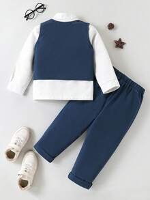 SHEIN 3 件套年轻男孩高级优雅休闲正装套装。纯色修身背心 + 休闲西装裤 + 可拆卸波点领结，胸前和领结饰有撞色手帕，适合晚会、主持、表演、聚会、T 台、洗礼、生日、婚礼、毕业季、春夏季 - 藏蓝色 - 查看 2