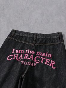 Manfinity Denimwave 男士街頭風 Grunge Y2K 哥德休閒做舊刺繡黑粉配色寬腿牛仔褲，適合演唱會、度假、海灘、假期、Rave、秋季 - 黑色 - 查看 4