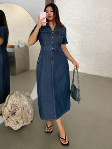 Dazy Petite Curve 深色水洗藍短袖修身長版牛仔洋裝 夏季牛仔服飾 大尺碼小個女款牛仔洋裝 - 深色水洗藍 - 查看 5