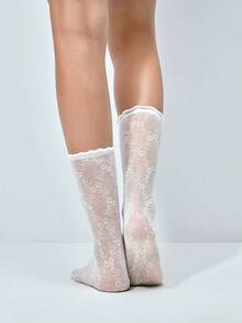 Softvol 1 Pair Women/Girls Solid Color Fashionable Mesh Boat Socks, Autumn Socks,White Socks - White - View 2