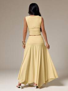 SHEIN PETITE Conjunto de 2 piezas de top de cuello redondo plisado y falda de unicolor casual para uso diario para mujer - Amarillo - Ver 2