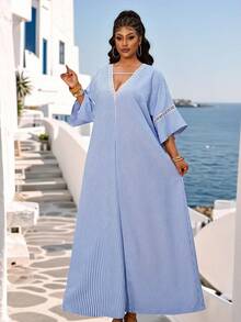 Maweii Plus Size Women's Spring Summer Casual Vacation Vintage Minimalist Loose V-Neck Dolman Sleeve Short Sleeve Woven Striped Dress - Blue and White - View 6