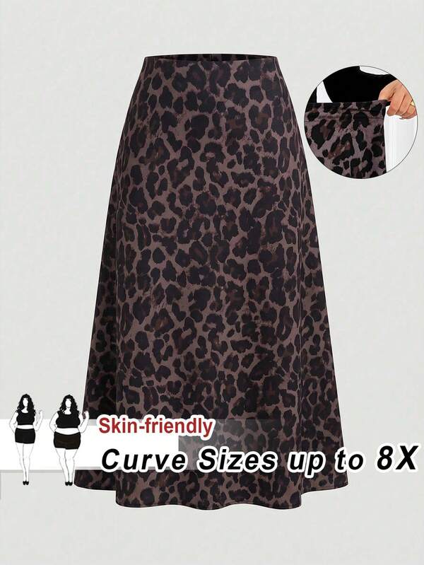 SHEIN CURVE+ Plus Size Fashionable Leopard Print Mini Skirt, Autumn Leopard Print Skirts Animal Print Skirt Cheetah Print Skirts Formal Office Brown Elegant