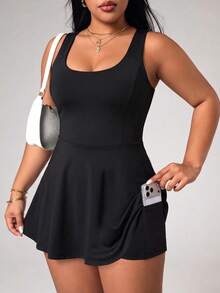 Easithlete Plus Size Women's Spring/Summer Sports Dress, Black Fitted U-Back Criss-Cross Ruffle Hem With Separate Shorts And Pockets, Athletic Gym - Black - View 5