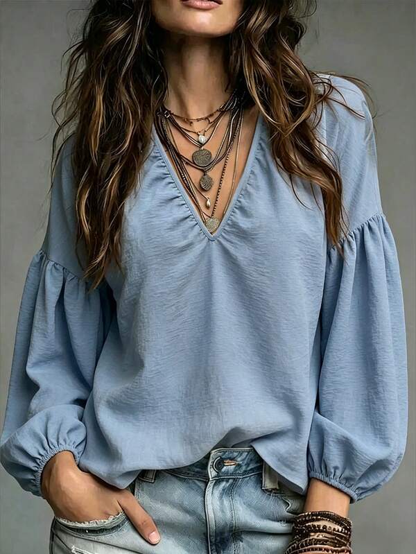 SHEIN Women's Solid Color V-Neck Pleated Casual Versatile Daily Wear Top