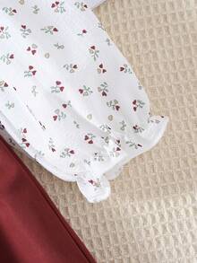 SHEIN Playful Pals 酒紅色碎花 2 合 1 女嬰洋裝，秋季新款甜美公主風洋裝，翻領、泡泡袖、蝴蝶結設計，時尚女嬰洋裝 - 酒紅色 - 查看 9
