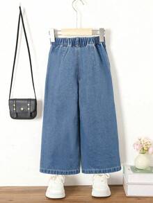 SHEIN Playful Pals 少女寬鬆輕便休閒度假牛仔褲 夏季假期秋季適用 - 中等水洗藍 - 查看 3