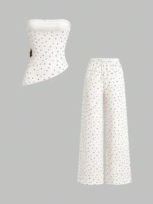 Sweetra Spring/Summer Fashion New Vintage Strapless Ruched Metal Buckle Waist-Cinched Slimming Asymmetrical Hem Top & Minimalist Wide Leg Long Pants Elegant Women's Brown Polka Dot 2-Piece Set - Apricot - View 2