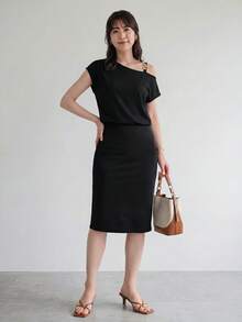 SHEIN LUNE 素色不對稱領緊身連衣裙 - 黑色 - 查看 5