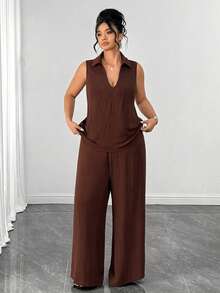 SHEIN Clasi Plus Size Summer Casual Elegant Solid Color Tank Top Pants 2 Pieces Set Brunch Formal Brown - Brown - View 5