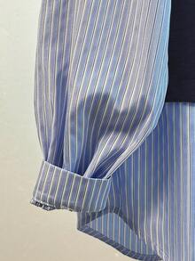 SHEIN Franclia 女士条纹印花拼接圆领长袖卫衣，秋季款 - 藏蓝色 - 查看 3