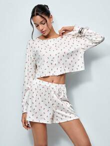 Softvol 2pcs Women's Round Neck Drop Shoulder Print Cardigan + Elastic Waist Button Front Shorts Set - White - View 2