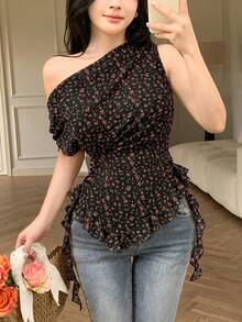 Modelyn 女款黃色碎花不對稱領抓皺百褶極簡性感度假襯衫 - 黑色 - 查看 7