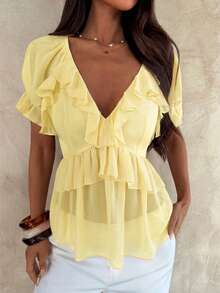 Aloruh Blusa bohemia de unicolor con volantes para mujer - Amarillo - Ver 4