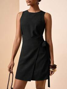 Zivah Women's Summer Casual Elegant Solid Color Tie Wrap Mini Dress Vacation Black - Black - View 6