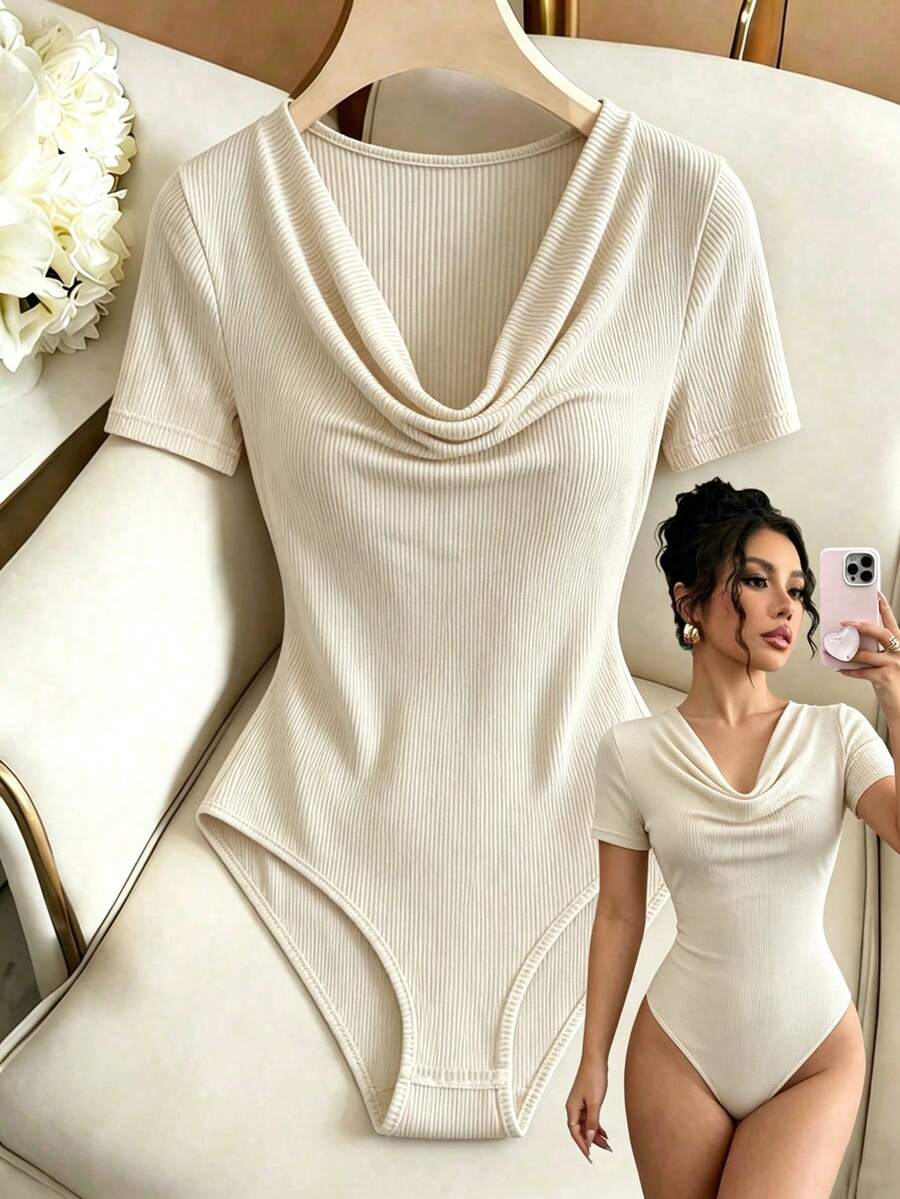 Elenzga 女士纯色垂褶领短袖罗纹连体衣 - 杏色 - 查看 1
