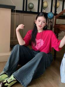 Dazy Plus 復古水洗牛仔寬鬆寬腳長版大尺碼女款四季長牛仔褲 - 深色水洗藍 - 查看 5