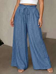 Vionelle Plus Size Women's French Casual Soft Form Capsule Elegant Wide Leg Long Pants Vacation Cruise Navy Blue Summer - Blue - View 4