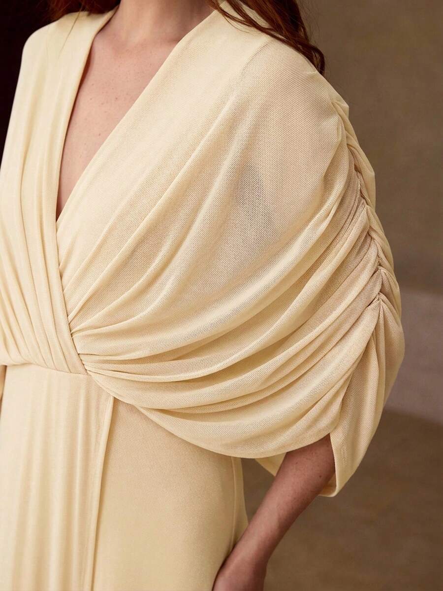 MOTF PREMIUM WOMEN'S ELEGANT OCCASION WEAR RUCHED BATWING SLEEVE LONG DRESS - Apricot - View 2