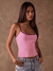 SHEIN BAE 女款拼色修身百搭休閒細肩帶背心上衣 - 淺粉色 - 查看 7