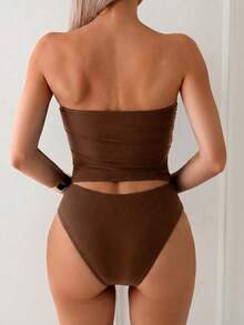 Swim Lushoire Elegant Versatile Slimming Ruched Strappy Bandeau Top - Mocha Brown - View 2