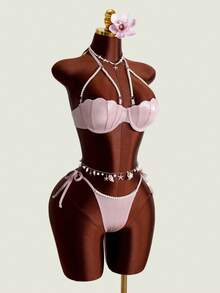 Swim SXY Sexy Metallic Fabric Pearl Decor Shell Swimwear Top With Tie Side Triangle Bottoms 2 Pieces Set - Multicolor - View 4