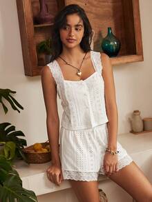 Lullawish Böhmischer lässiger bequemer Damen-Pyjama-Set mit Cut-out-Jacquard-Strickstoff, Patchwork, charmantem Spitzenbesatz und Perlmuttknöpfen - Weiss - Übersicht 5