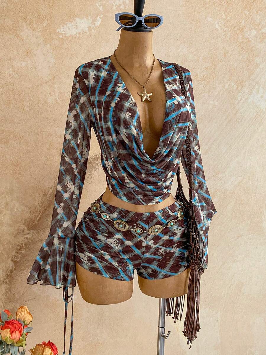 Soleia Draped Neck Mesh Plaid Drawstring Set Night Out Club Brown Plaid Autumn Sexy Holiday Outfits Western Outfits For Women - Multicolor - View 1