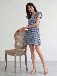 SHEIN LUNE Vestido túnico de puño con fruncido de guingán - Azul y blanco - Ver 3