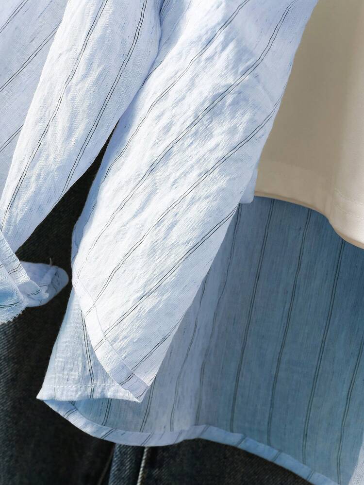 SHEIN Áo sơ mi oversize thêu phong cách tối giản, cài nút trước, thường ngày cho bé gái tuổi teen đi học - Màu xanh lam - Xem 7