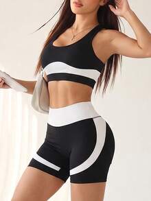 Easithlete Easithlete Contrast Color U-Neck Sleeveless Fitted Workout Set - Black and White - View 7