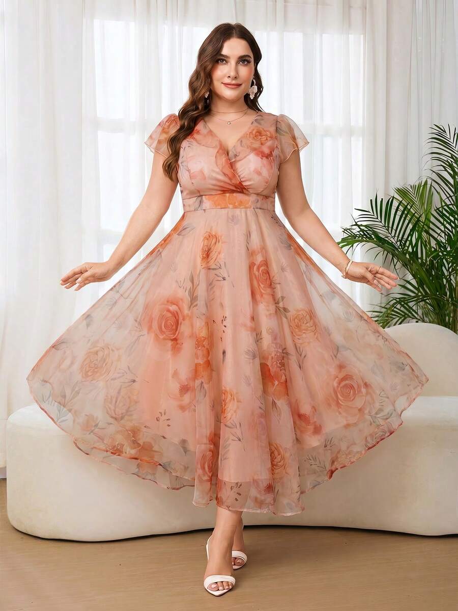 Reflora 大码女士优雅印花连衣裙,夏季婚礼宾客礼服 - 珊瑚粉 - 查看 1