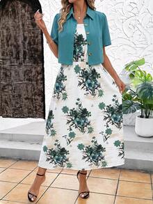 SHEIN Clasi 兩件組女款印花洋裝與豹紋襯衫，適合外出穿著的夏季套裝 - 綠色 - 查看 6