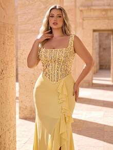 Glamrae Plus Size Elegant Luxurious Yellow Embroidered Sequin Lace Patchwork Satin Off-Shoulder Hanging Sleeve Sheer Sexy Mermaid Skirt With Slit And Side Drape, Suitable For Wedding, Event, Bachelorette Party, Vacation, Prom, Evening Gown (Heavy Work Style) - Yellow - View 2