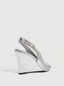 CUCCOO SZL 女款時尚優雅楔形粗高跟涼鞋，圓頭露趾後扣帶 Slingback 玻璃膠款，適合春夏秋季 - 銀色 - 查看 3