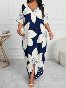 SHEIN Lady 春夏休閒優雅波希米亞風黑色編織V領直筒長版大尺碼卡夫坦洋裝，復活節洋裝，女款春季度假海灘洋裝，婚禮賓客禮服，商務休閒女裝，舞會禮服 - 藏蓝色 - 查看 1