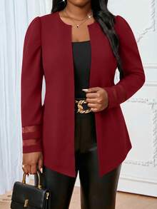 SHEIN Lady Plus Size Fashion Mesh Cuff Patchwork Business Office Jacket - Burgundy - View 3
