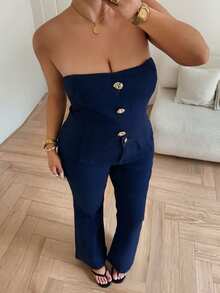 Dazy Plus Conjunto de denim de talla grande con chaleco elástico de ajuste ceñido y decoración de botón grande, de ajuste ceñido y acampanado para la primavera/verano - Azul lavado oscuro - Ver 6