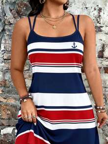 Breezaya Plus Size Striped Letter Print Colorblock Fashion Dress - Multicolor - View 3